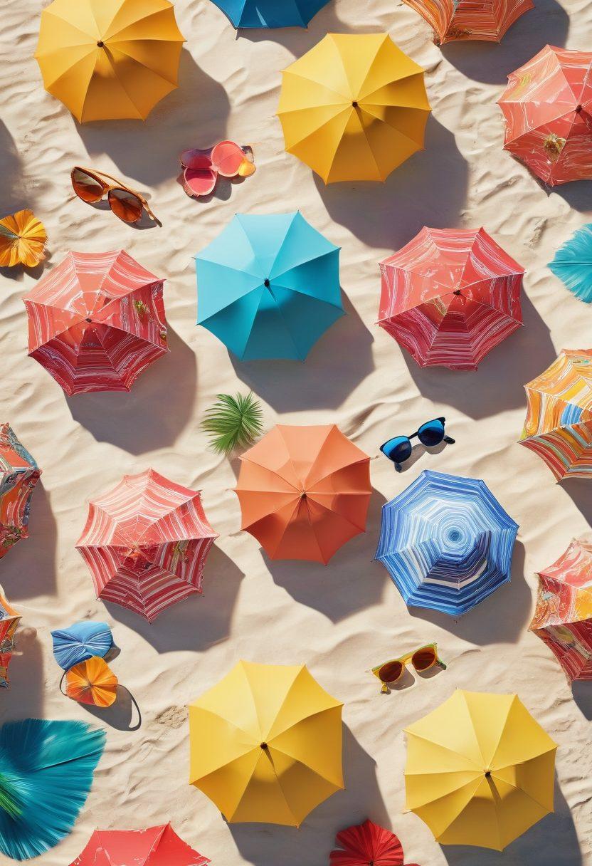A stylish beach scene featuring a diverse group of people wearing trendy bikinis and beachwear, lounging under colorful umbrellas, and enjoying the sun. Showcase vibrant swimwear patterns like tropical prints and chic cuts, with accessories like hats and sunglasses reflecting a fun summer vibe. The background should include a sparkling blue ocean and soft white sand, evoking a carefree summer atmosphere. vivid colors. tropical theme. 3D.