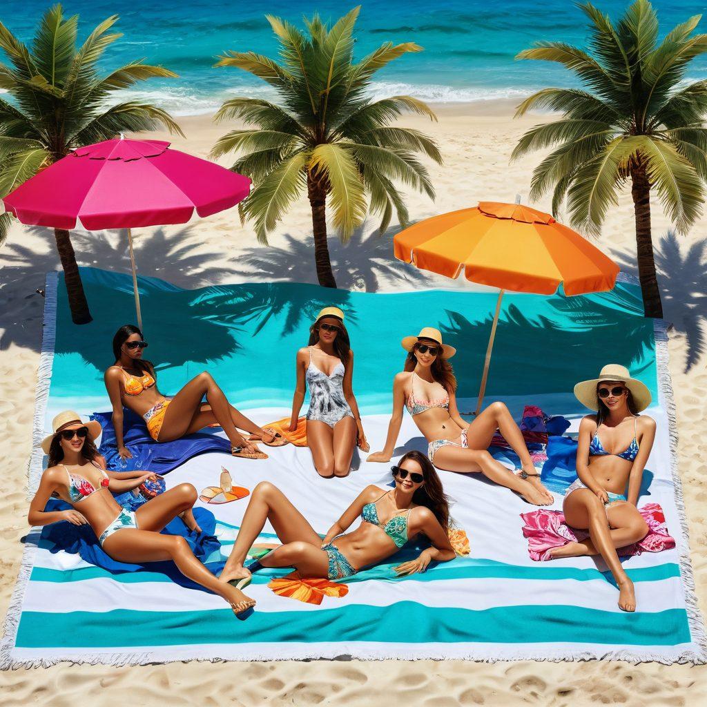 A chic beach scene featuring a diverse group of stylish individuals showcasing trendy summer outfits, lounging on vibrant beach towels, with palm trees swaying in the background and bright beach umbrellas. The scene is infused with playful accessories like sunglasses, hats, and flip-flops while a crystal-clear ocean sparkles under the sun. Captivating energy and carefree spirit of summer fashion. super-realistic. vibrant colors. high contrast.